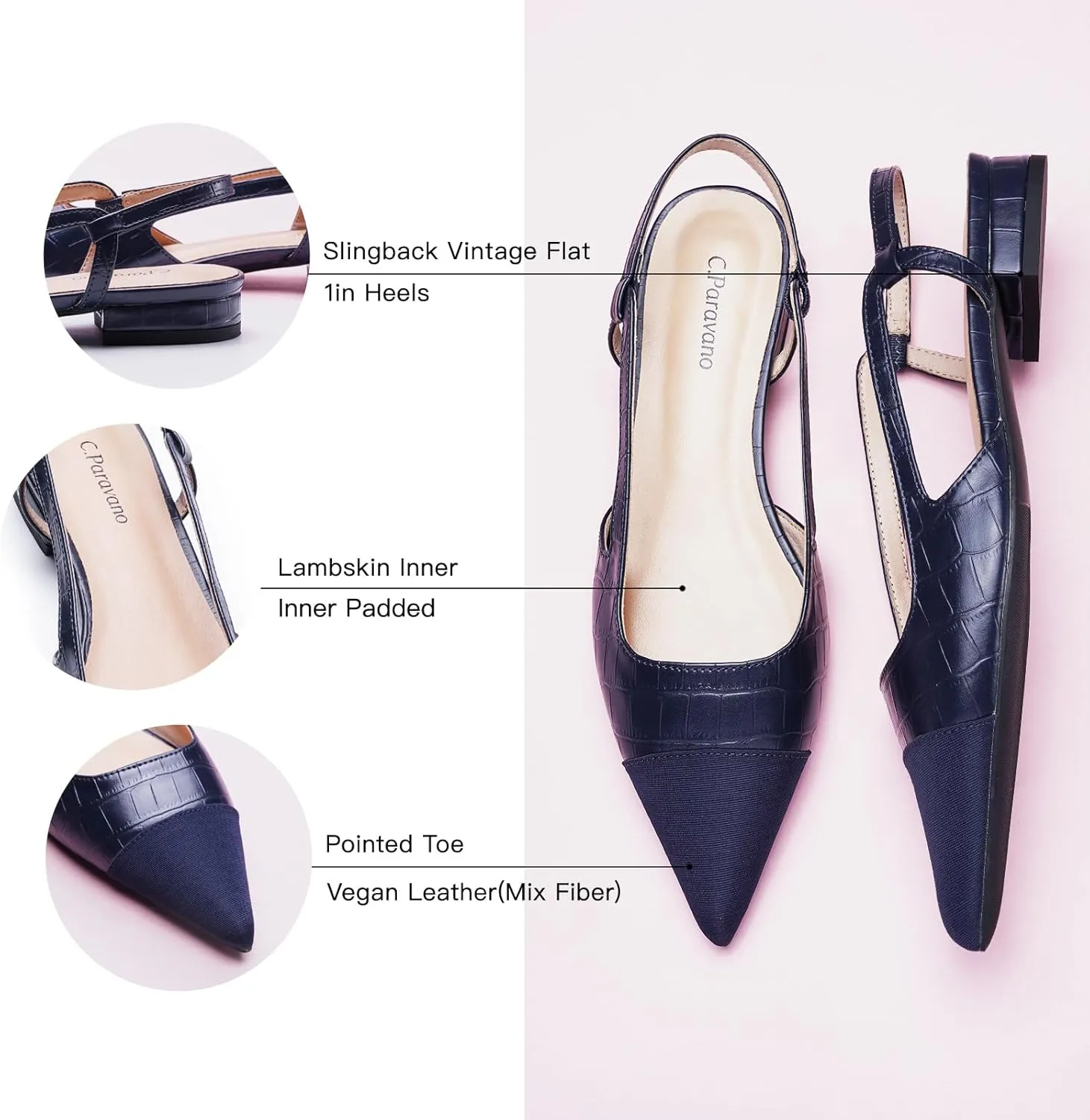 C.Paravano Women's Pointed Toe Slingback Flats | Comfort Heeled Sandals | Slip-On Flats | Perfect for Casual, Business, Party, Date