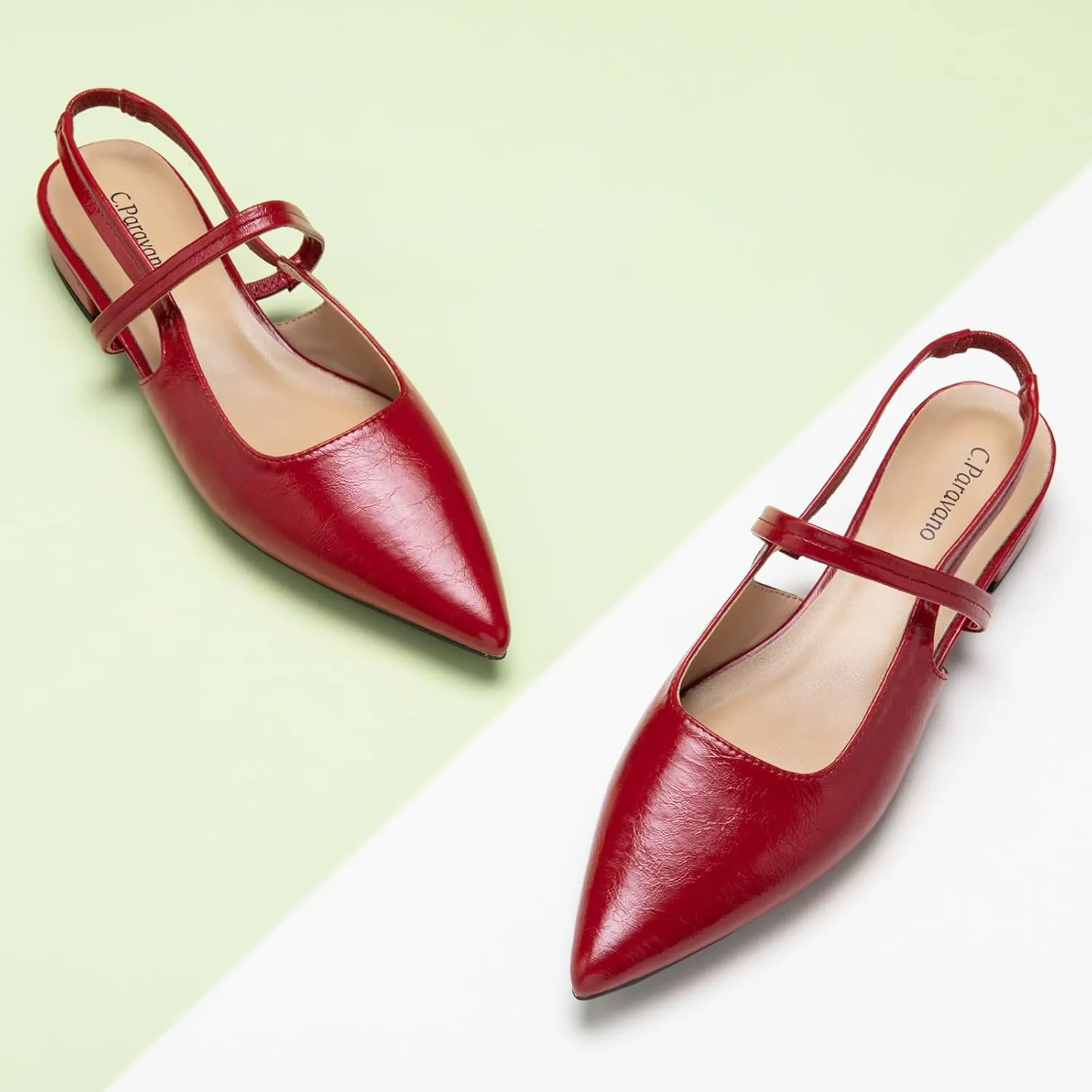 C.Paravano Women's Slingback Flats & Heels - Pointed Toe, Ankle Strap, Comfortable Leather Dress Shoes