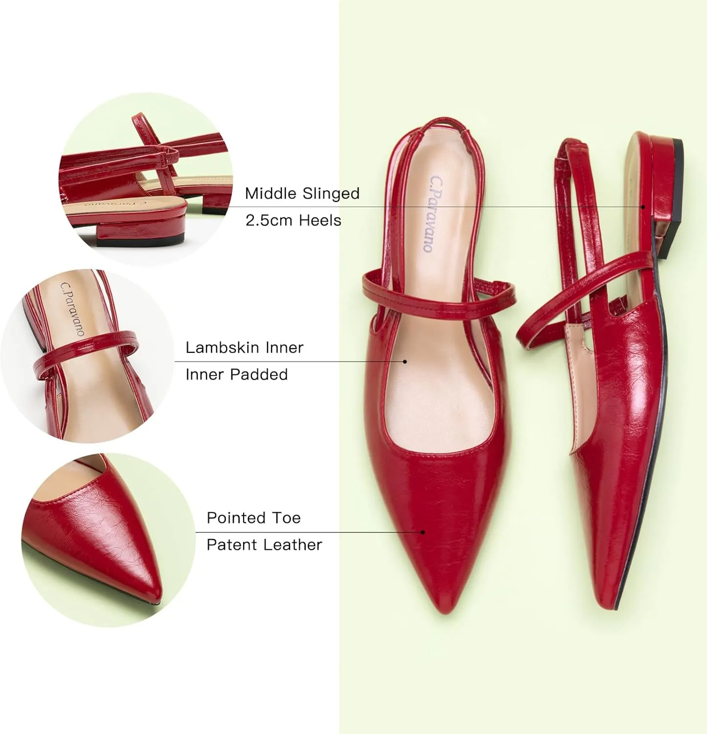 C.Paravano Women's Slingback Flats & Heels - Pointed Toe, Ankle Strap, Comfortable Leather Dress Shoes