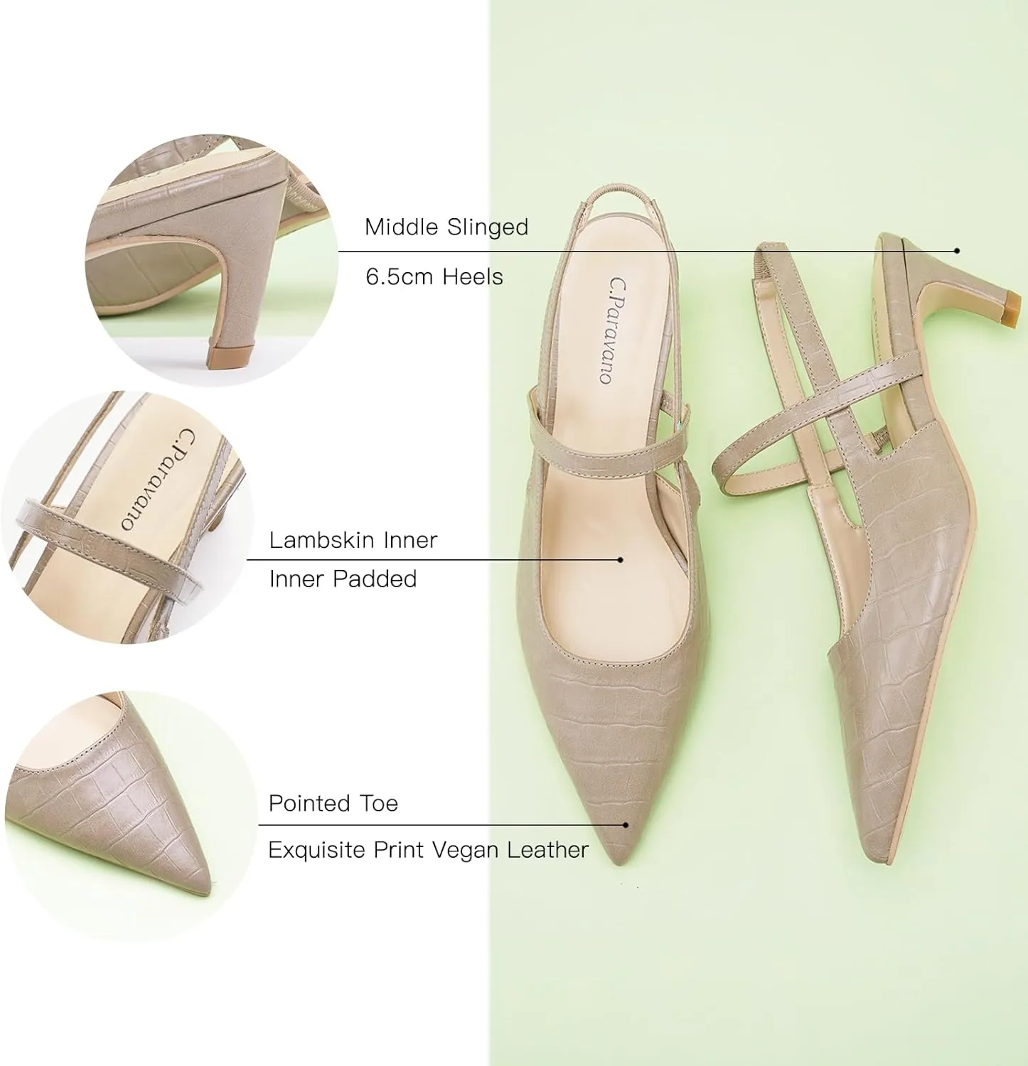 C.Paravano Women's Slingback Flats & Heels - Pointed Toe, Ankle Strap, Comfortable Leather Dress Shoes