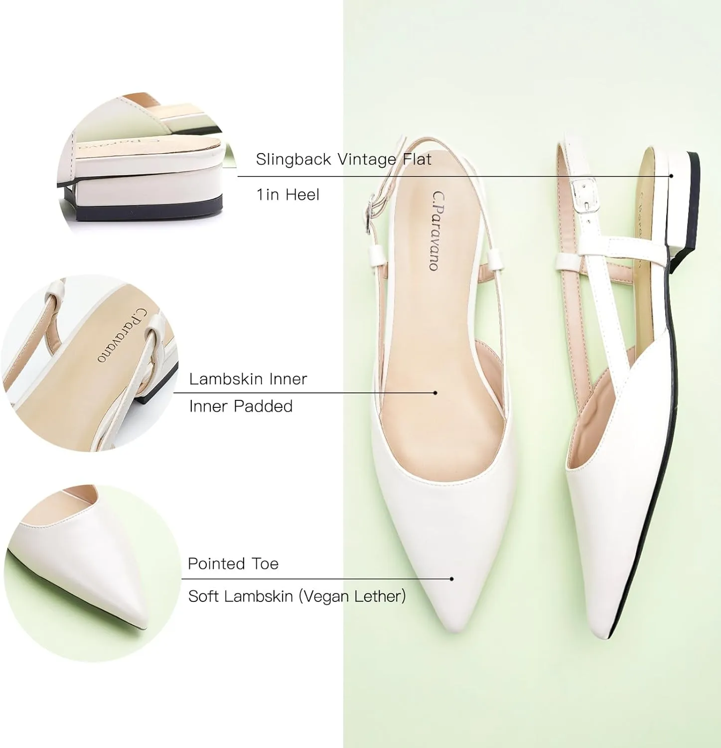 C.Paravano Women's Slingback Flats Pointed Toe Slingback Flats for Women Slingback Sandals Adjustable Ankle Strap Shoes