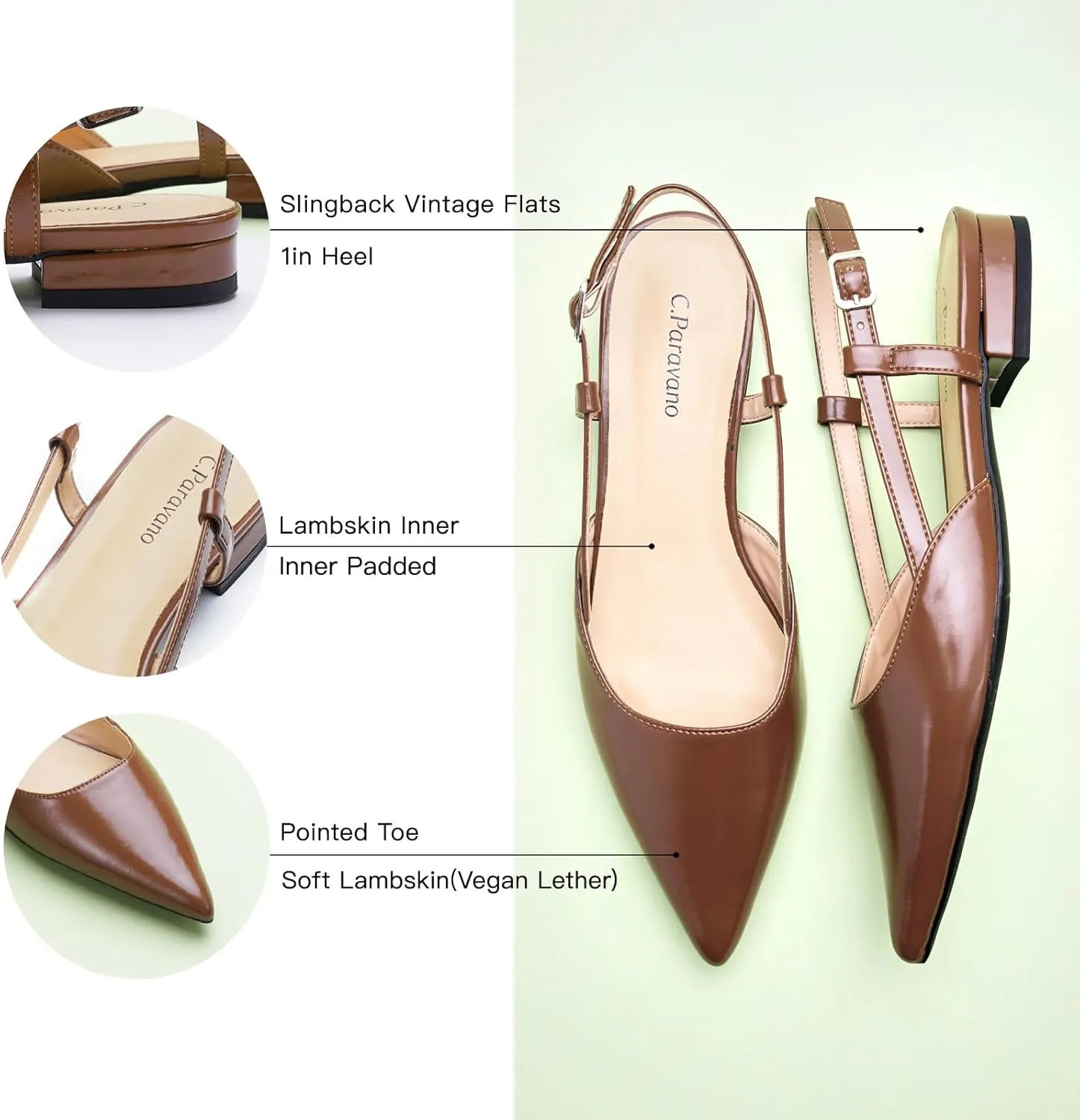 C.Paravano Women's Slingback Flats Pointed Toe Slingback Flats for Women Slingback Sandals Adjustable Ankle Strap Shoes