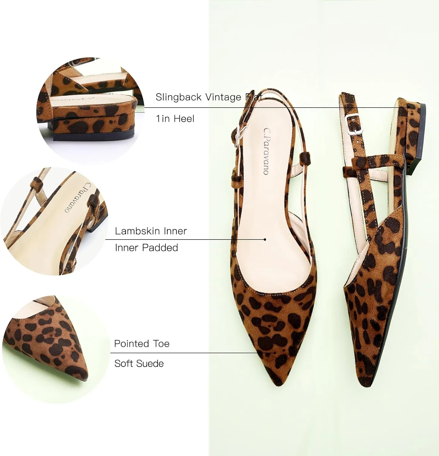 C.Paravano Women's Slingback Flats Pointed Toe Slingback Flats for Women Slingback Sandals Adjustable Ankle Strap Shoes