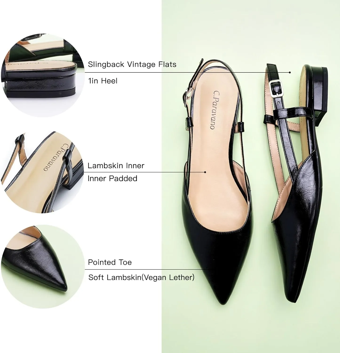 C.Paravano Women's Slingback Flats Pointed Toe Slingback Flats for Women Slingback Sandals Adjustable Ankle Strap Shoes