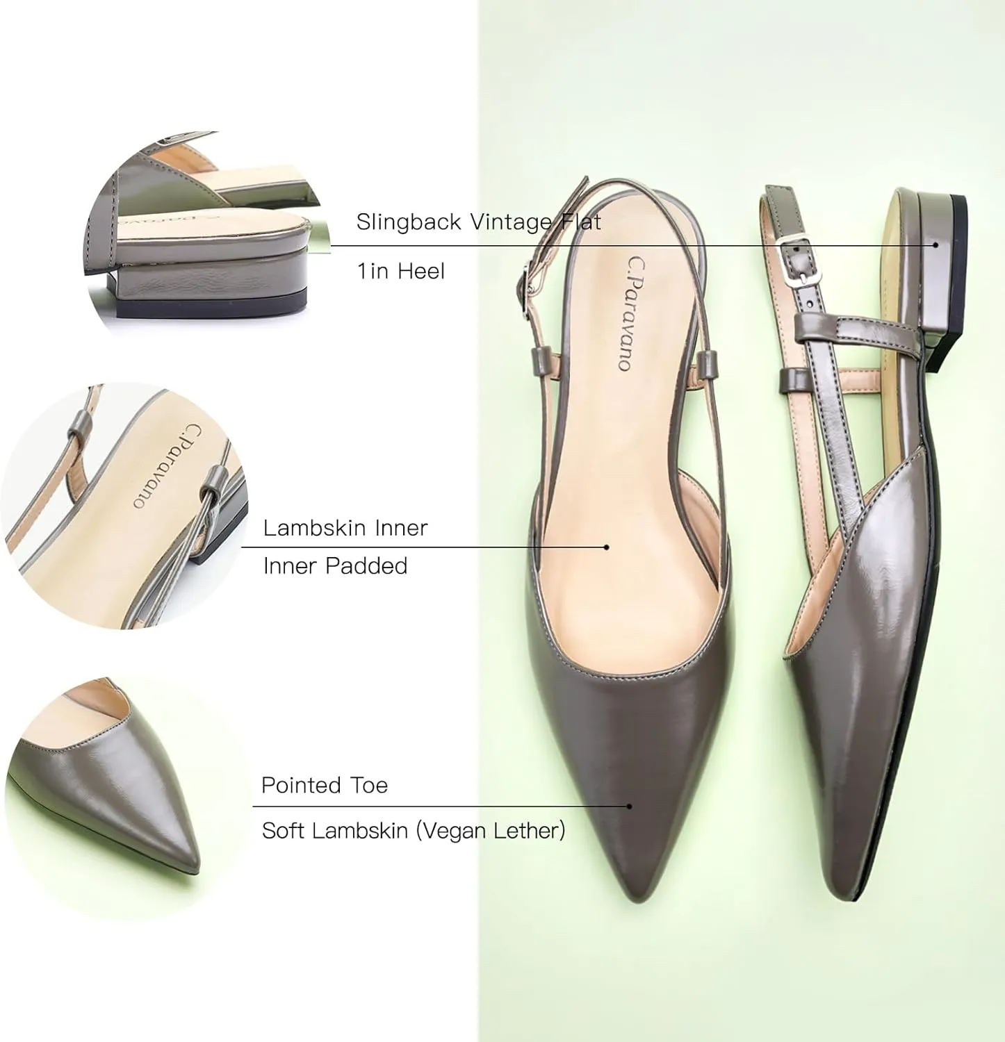 C.Paravano Women's Slingback Flats Pointed Toe Slingback Flats for Women Slingback Sandals Adjustable Ankle Strap Shoes
