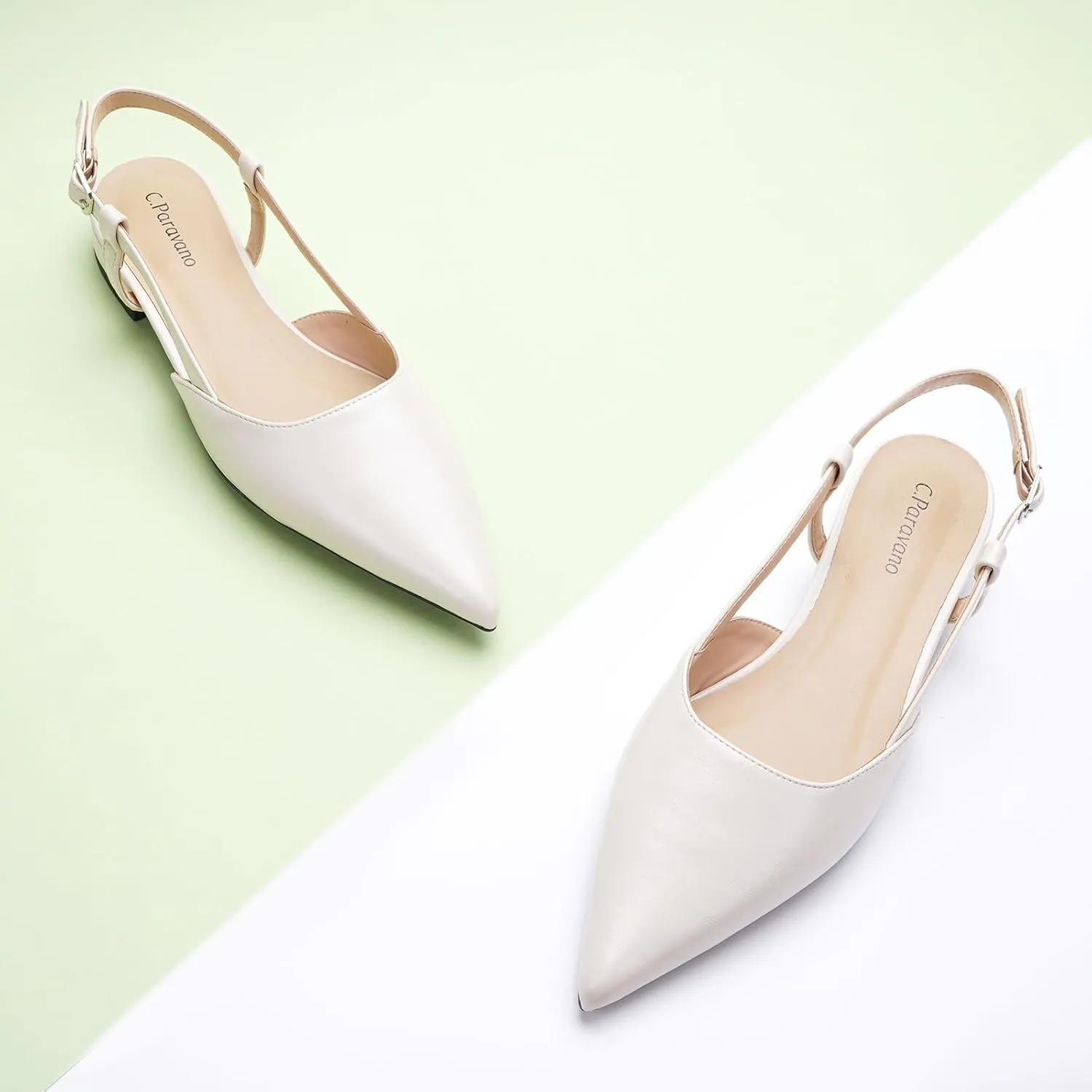 C.Paravano Women's Slingback Flats Pointed Toe Slingback Flats for Women Slingback Sandals Adjustable Ankle Strap Shoes