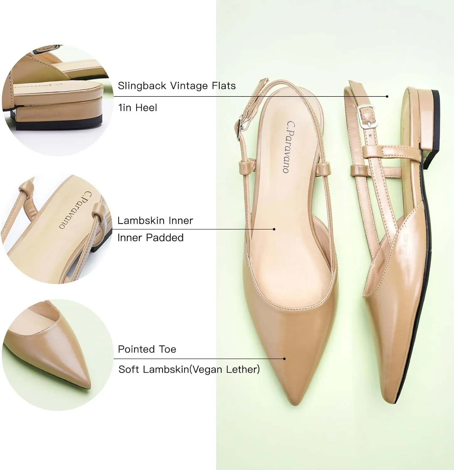 C.Paravano Women's Slingback Flats Pointed Toe Slingback Flats for Women Slingback Sandals Adjustable Ankle Strap Shoes