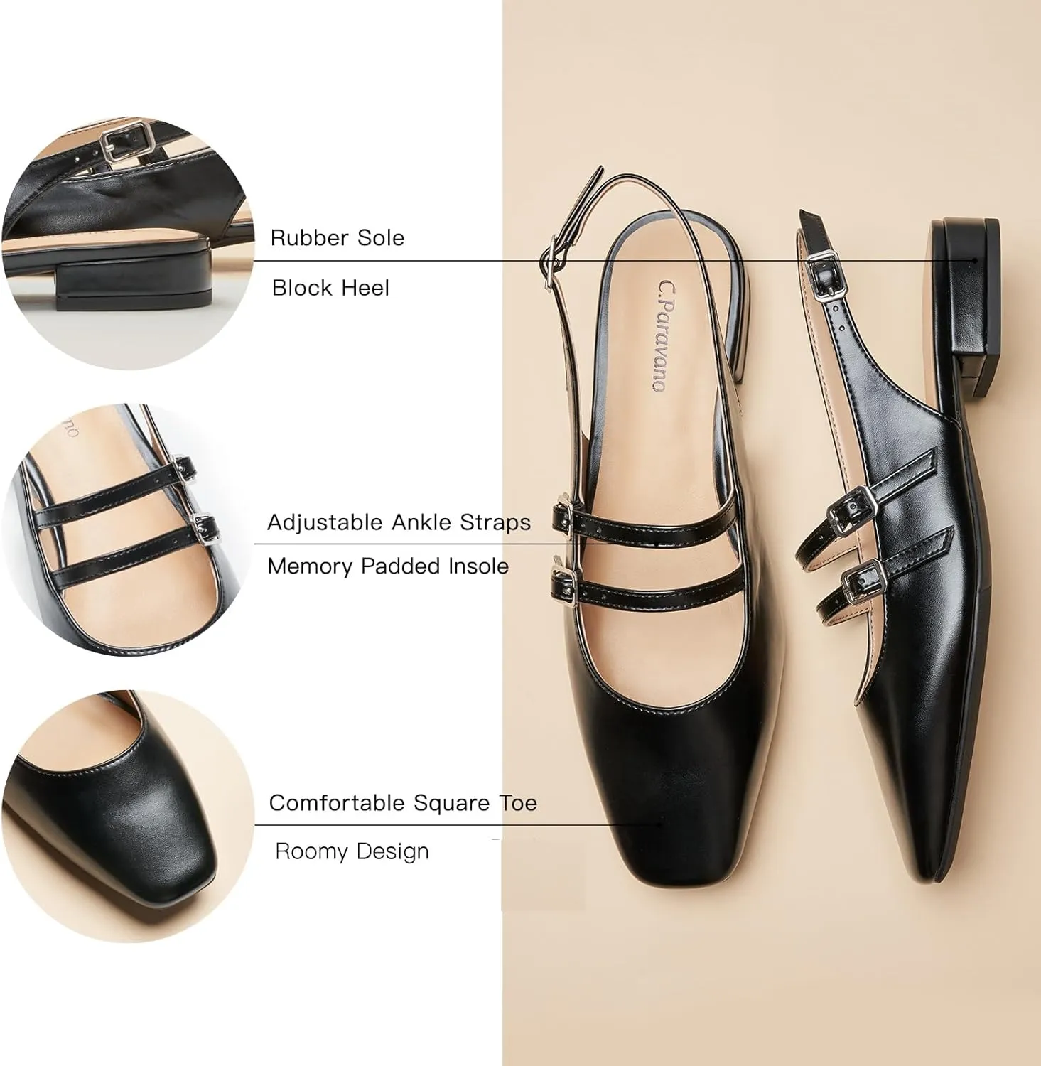 C.Paravano Women's Slingback Flats | Sandals Square Toe Dress Shoes | Flat Heel Double Strap Shoes for Business, Wedding, Cocktail Party