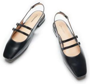 C.Paravano Women's Slingback Flats | Sandals Square Toe Dress Shoes | Flat Heel Double Strap Shoes for Business, Wedding, Cocktail Party