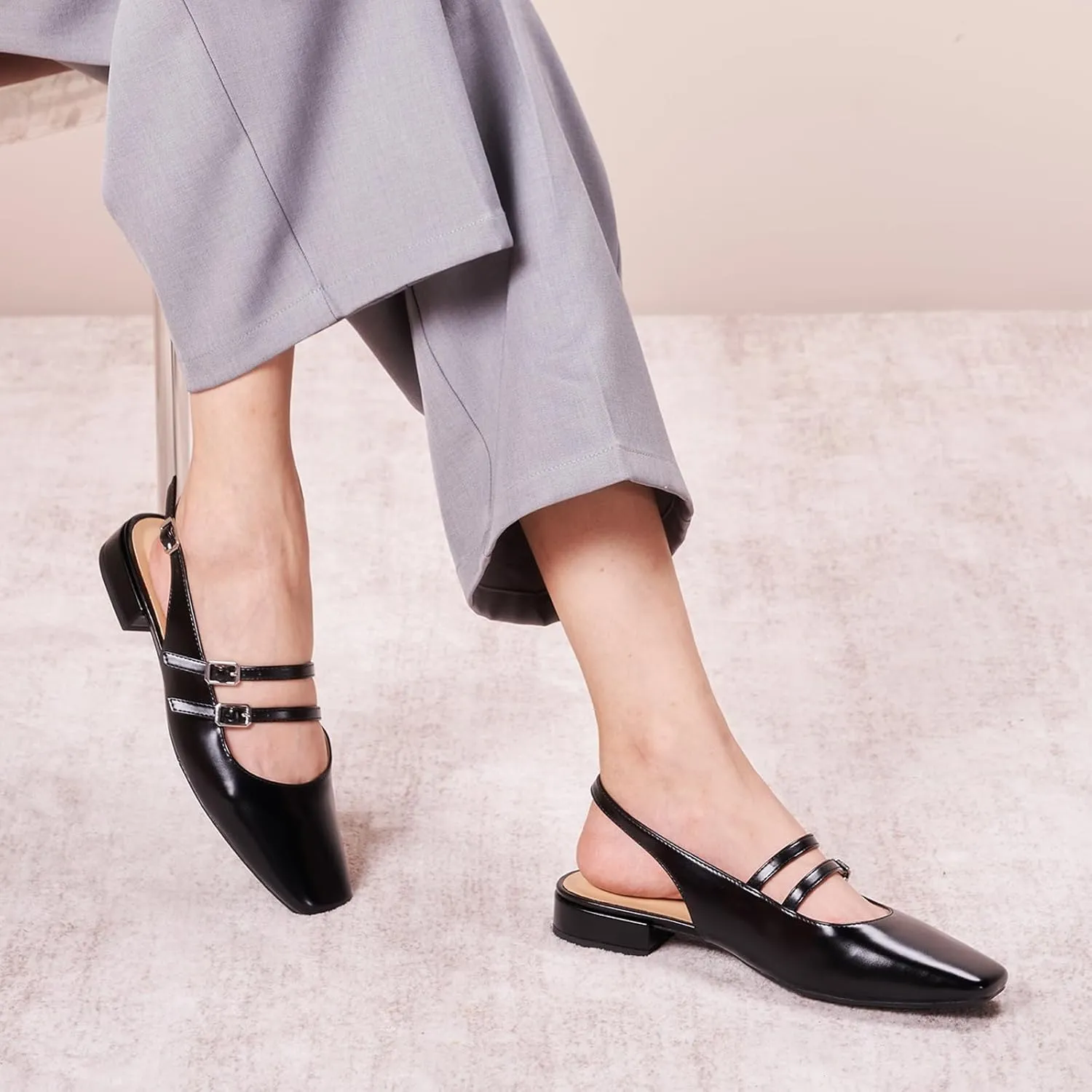 C.Paravano Women's Slingback Flats | Sandals Square Toe Dress Shoes | Flat Heel Double Strap Shoes for Business, Wedding, Cocktail Party