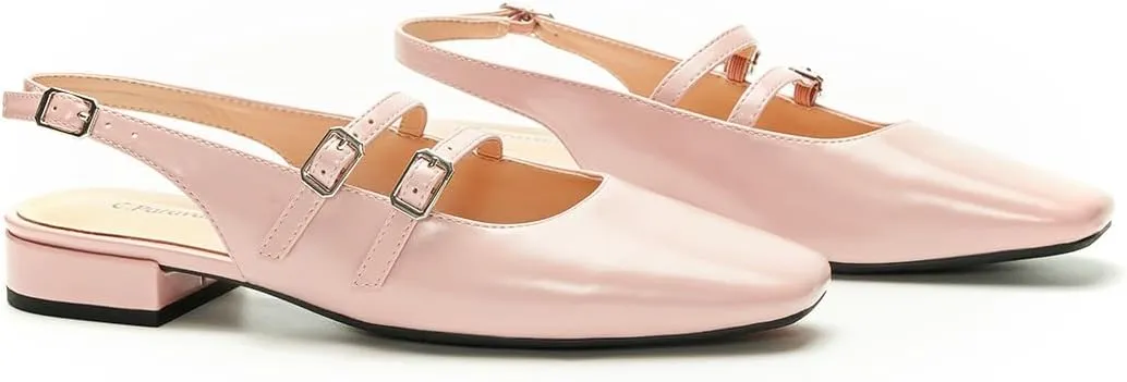 C.Paravano Women's Slingback Flats | Sandals Square Toe Dress Shoes | Flat Heel Double Strap Shoes for Business, Wedding, Cocktail Party