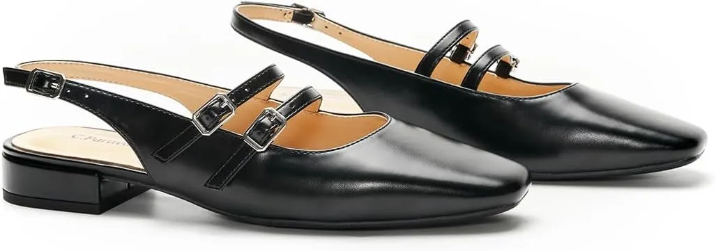 C.Paravano Women's Slingback Flats | Sandals Square Toe Dress Shoes | Flat Heel Double Strap Shoes for Business, Wedding, Cocktail Party