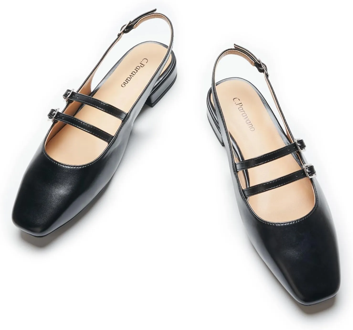 C.Paravano Women's Slingback Flats | Sandals Square Toe Dress Shoes | Flat Heel Double Strap Shoes for Business, Wedding, Cocktail Party