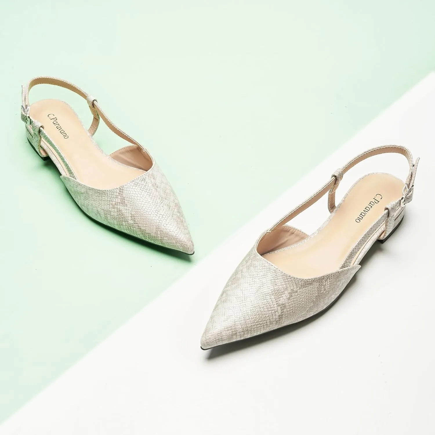 C.Paravano Women's Slingback Flats Snakeskin Print Pointed Toe Slingback Flats for Women Slingback Sandals Adjustable Ankle Strap Shoes