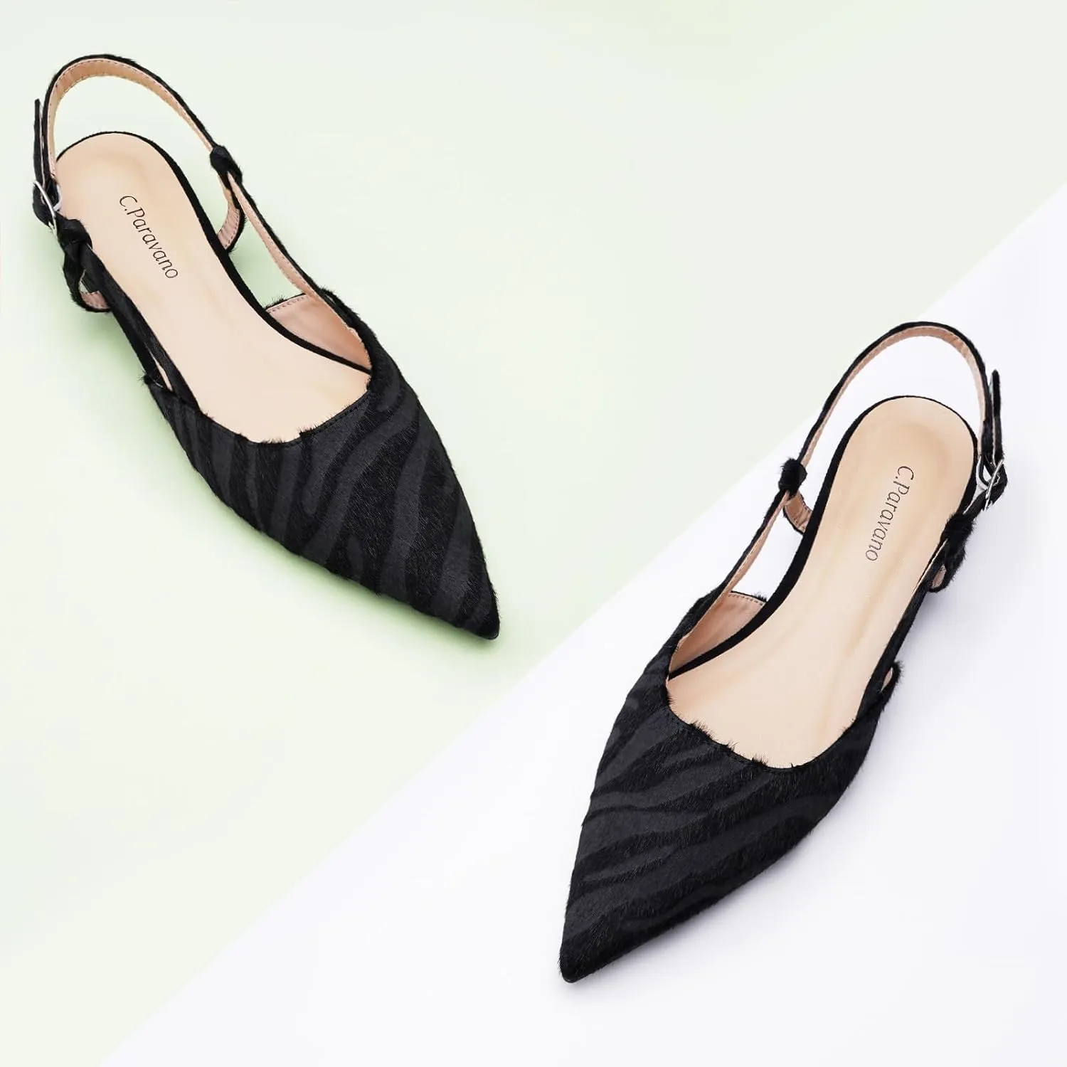 C.Paravano Women's Slingback Flats Snakeskin Print Pointed Toe Slingback Flats for Women Slingback Sandals Adjustable Ankle Strap Shoes