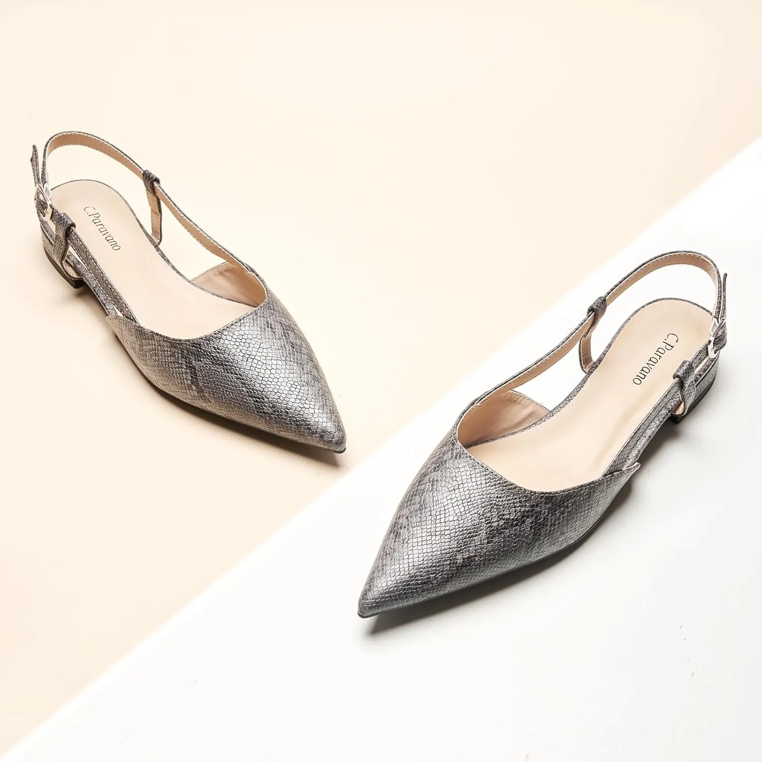 C.Paravano Women's Slingback Flats Snakeskin Print Pointed Toe Slingback Flats for Women Slingback Sandals Adjustable Ankle Strap Shoes