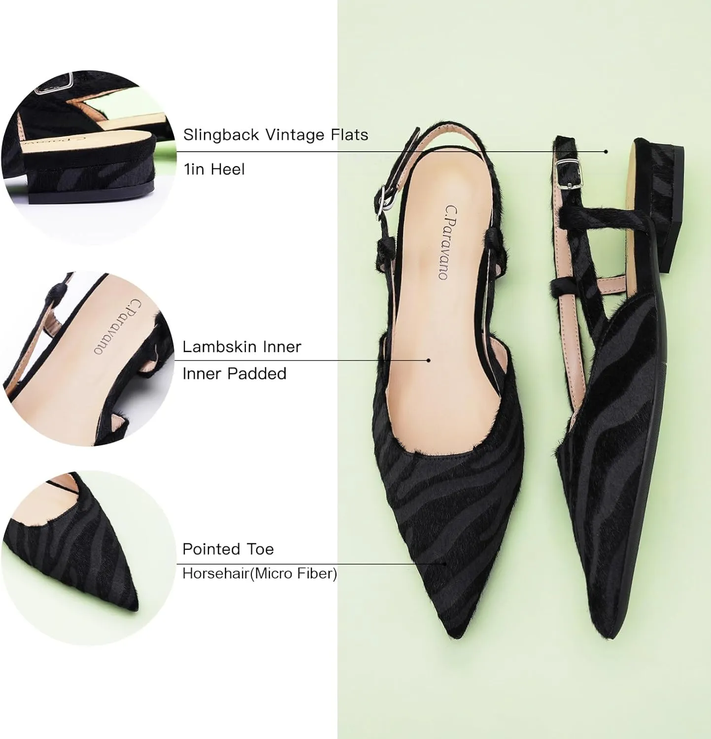 C.Paravano Women's Slingback Flats Snakeskin Print Pointed Toe Slingback Flats for Women Slingback Sandals Adjustable Ankle Strap Shoes