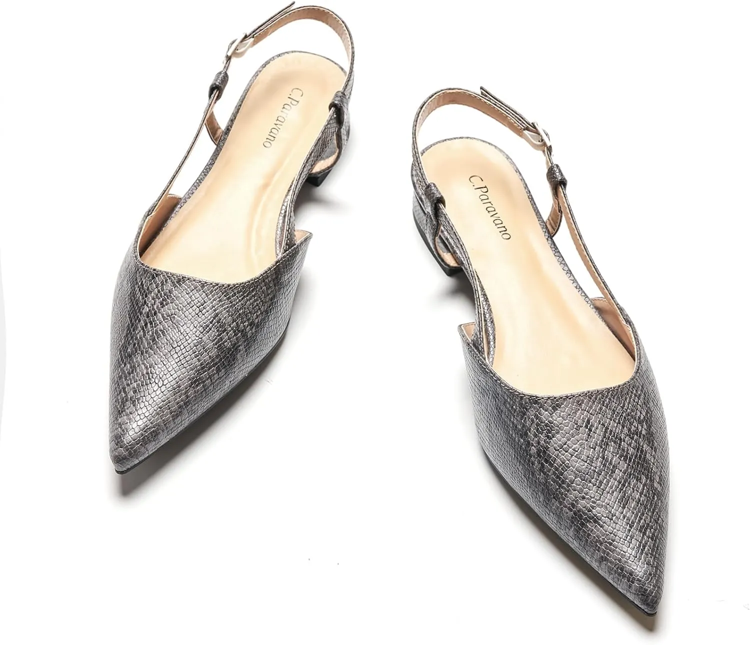 C.Paravano Women's Slingback Flats Snakeskin Print Pointed Toe Slingback Flats for Women Slingback Sandals Adjustable Ankle Strap Shoes