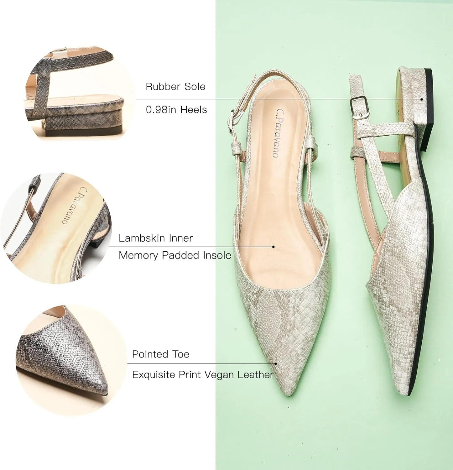 C.Paravano Women's Slingback Flats Snakeskin Print Pointed Toe Slingback Flats for Women Slingback Sandals Adjustable Ankle Strap Shoes