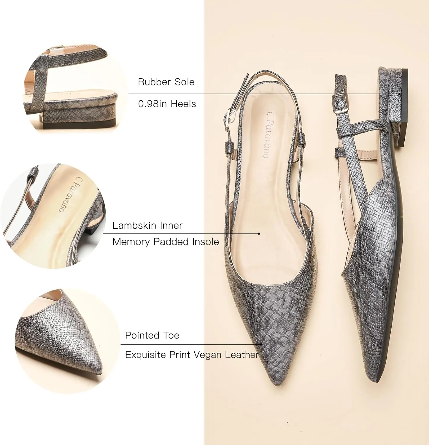 C.Paravano Women's Slingback Flats Snakeskin Print Pointed Toe Slingback Flats for Women Slingback Sandals Adjustable Ankle Strap Shoes