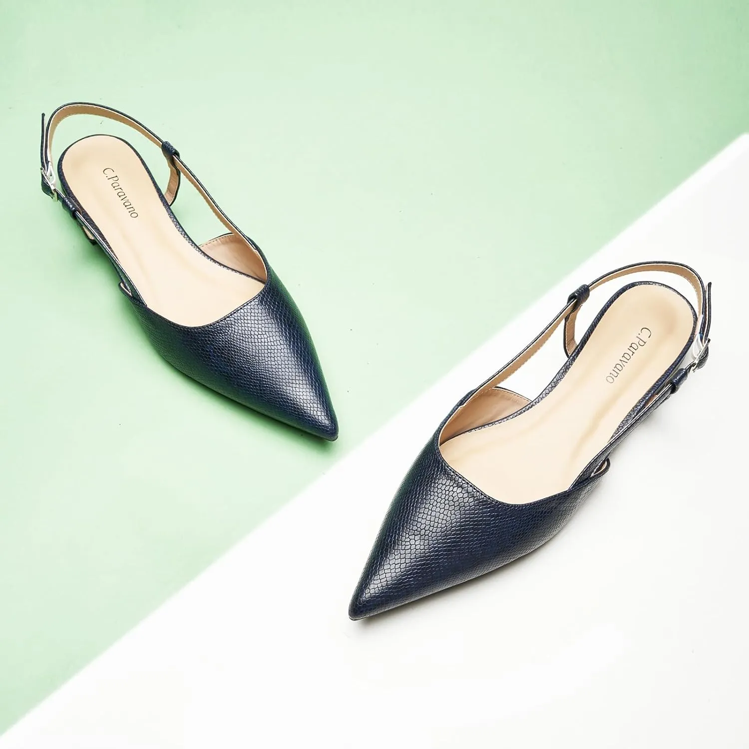 C.Paravano Women's Slingback Flats Snakeskin Print Pointed Toe Slingback Flats for Women Slingback Sandals Adjustable Ankle Strap Shoes