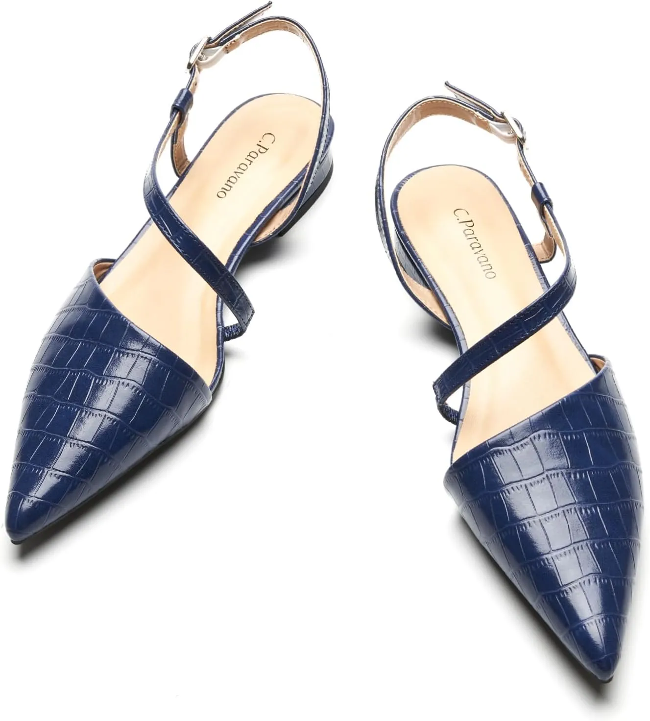 C.Paravano Women's Slingback Flats with S-Curve Strap - Crocodile-Embossed Pointed Toe Slip-On Shoes | Adjustable Back Comfortable Flat Sandals