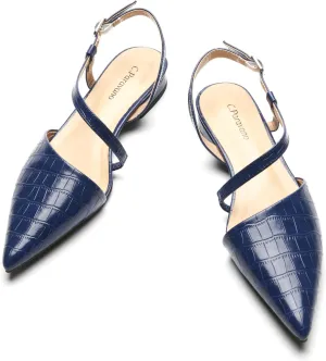 C.Paravano Women's Slingback Flats with S-Curve Strap - Crocodile-Embossed Pointed Toe Slip-On Shoes | Adjustable Back Comfortable Flat Sandals