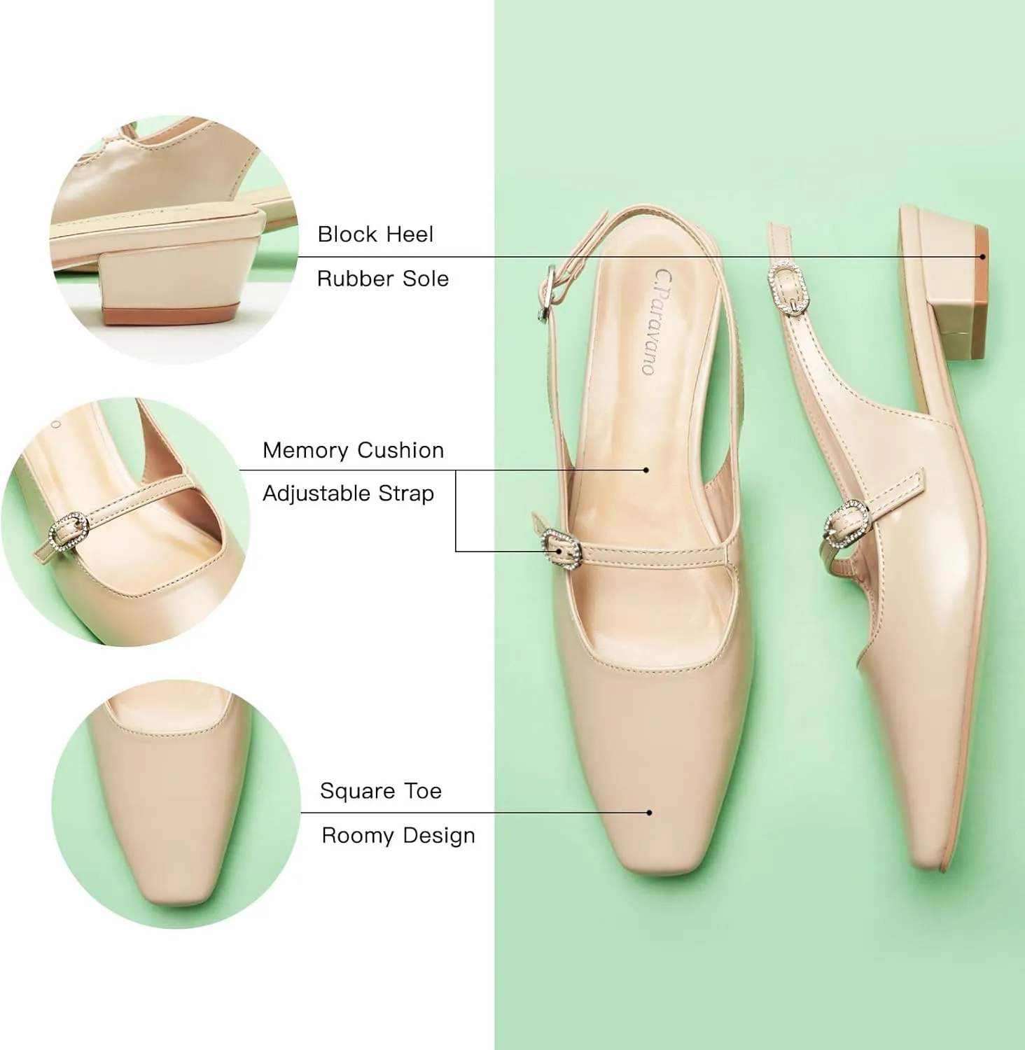 C.Paravano Women's Slingback Sandals Small Square Toe Slingbacks Flats Closed Block Heels Adjustable Strap Slip on Slingbacks
