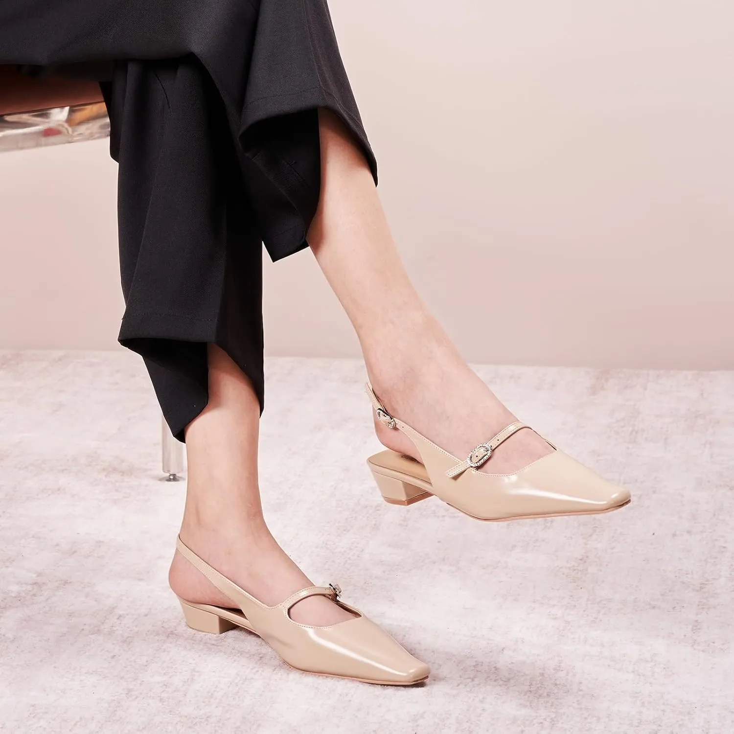 C.Paravano Women's Slingback Sandals Small Square Toe Slingbacks Flats Closed Block Heels Adjustable Strap Slip on Slingbacks