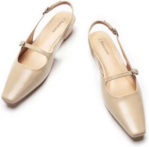 C.Paravano Women's Slingback Sandals Small Square Toe Slingbacks Flats Closed Block Heels Adjustable Strap Slip on Slingbacks