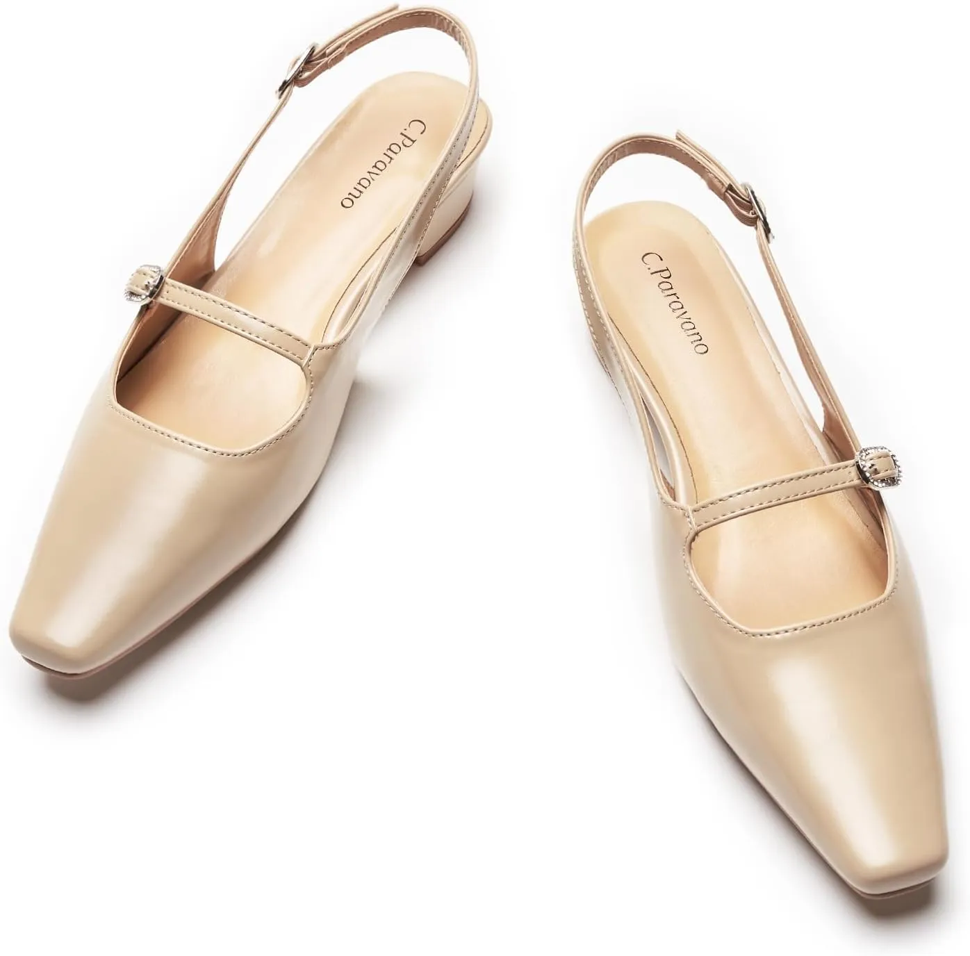 C.Paravano Women's Slingback Sandals Small Square Toe Slingbacks Flats Closed Block Heels Adjustable Strap Slip on Slingbacks