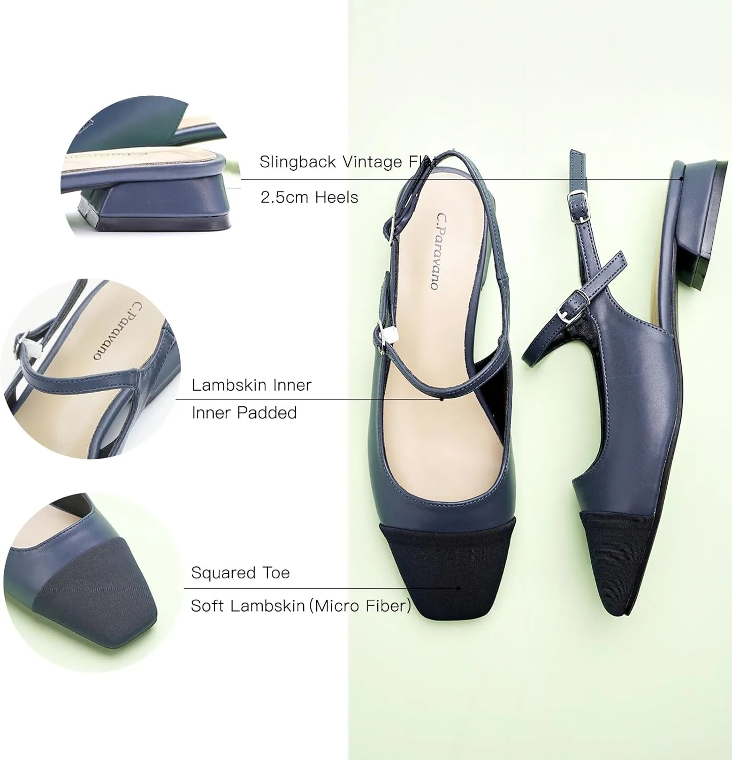 C.Paravano Women's Slingback | Square Toe Slingback Flats | Ankle Strap Flats Sandals | Slip on Casual Flats Shoes | Leather Dress Shoes for Wedding