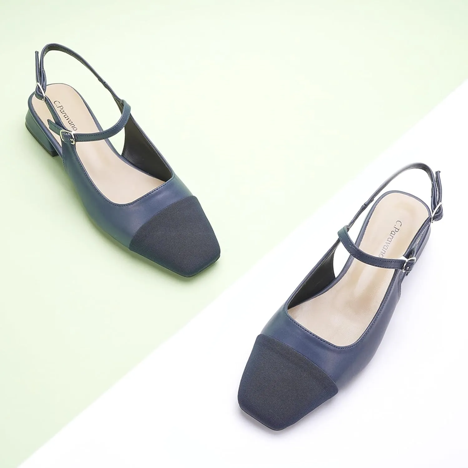 C.Paravano Women's Slingback | Square Toe Slingback Flats | Ankle Strap Flats Sandals | Slip on Casual Flats Shoes | Leather Dress Shoes for Wedding