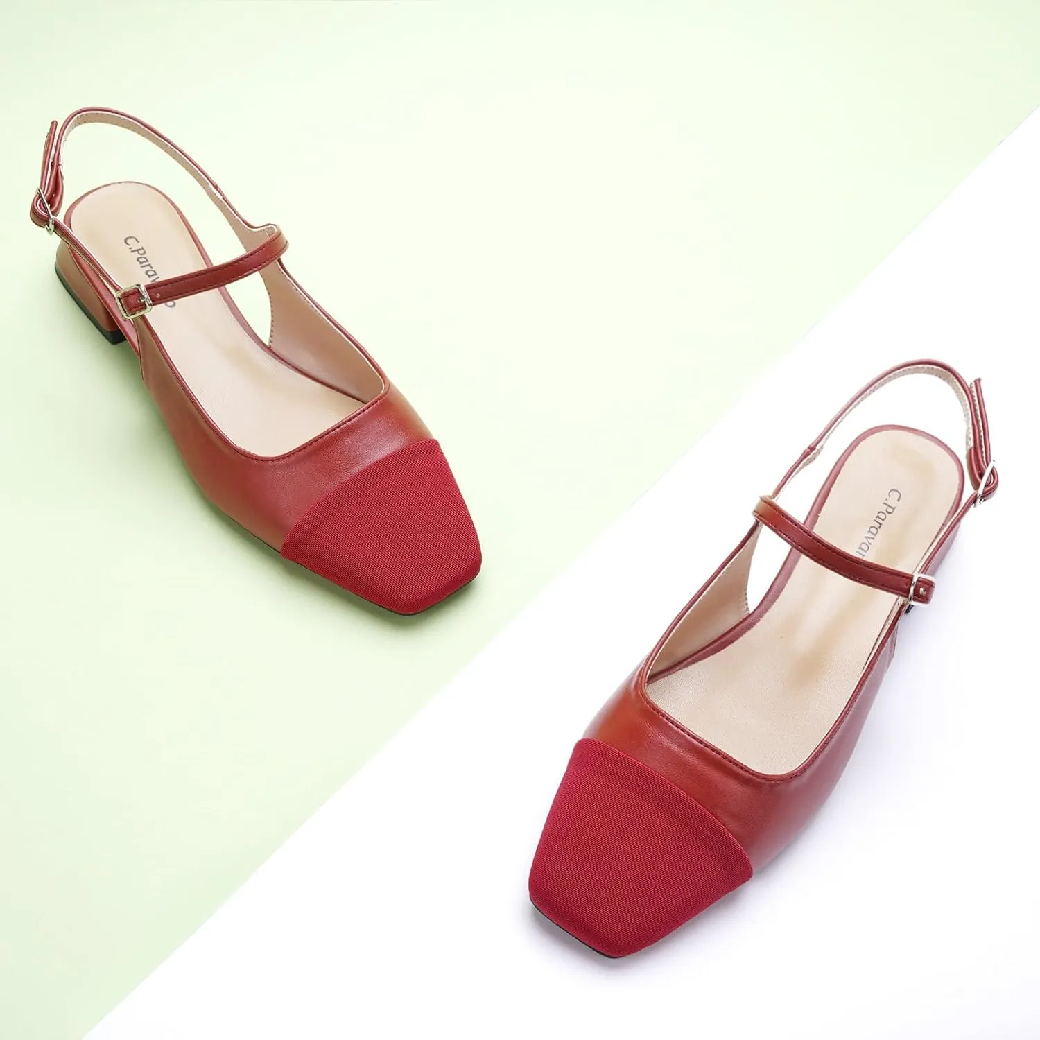 C.Paravano Women's Slingback | Square Toe Slingback Flats | Ankle Strap Flats Sandals | Slip on Casual Flats Shoes | Leather Dress Shoes for Wedding