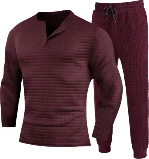 CRNTCEM Mens 2 Pieces Sweat Suits Lightweight Long Sleeve Waffle Knitted Workout Henley Sets Male Casual Jogging Tracksuits