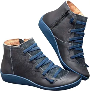 Crzidha Boots for Women 2023 Trendy Side Zipper Lace Up Flat Ankle Boots Arch Support Orthopedic Booties for Plantar Fasciitis Comfy Wide Width Round Toe Lace Up Side Zipper Boots