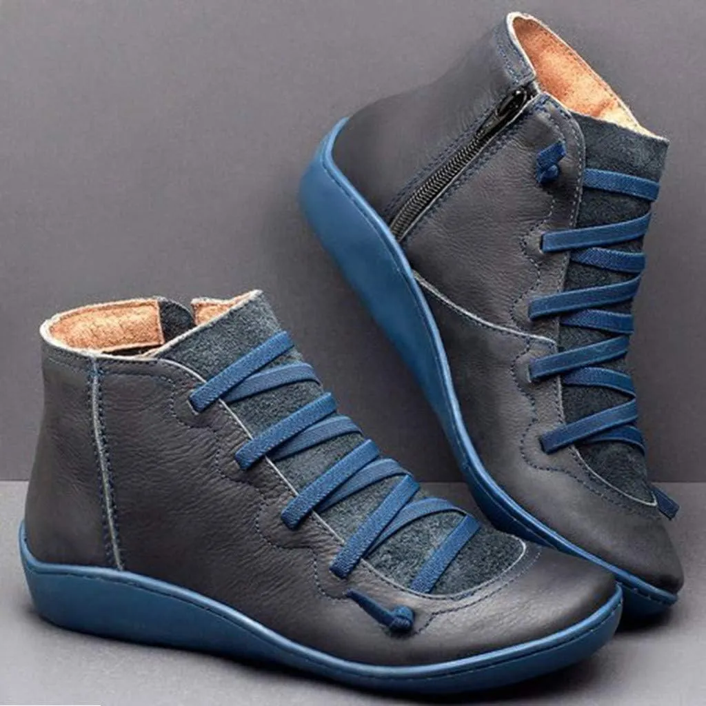 Crzidha Boots for Women 2023 Trendy Side Zipper Lace Up Flat Ankle Boots Arch Support Orthopedic Booties for Plantar Fasciitis Comfy Wide Width Round Toe Lace Up Side Zipper Boots