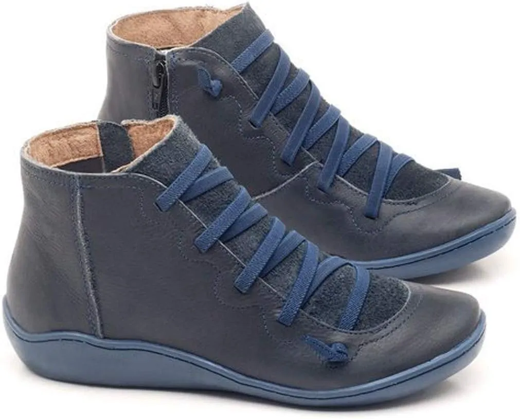 Crzidha Boots for Women 2023 Trendy Side Zipper Lace Up Flat Ankle Boots Arch Support Orthopedic Booties for Plantar Fasciitis Comfy Wide Width Round Toe Lace Up Side Zipper Boots