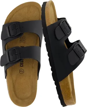 CUSHIONAIRE Lane Cork Footbed Sandals for Women – Comfortable Double Buckle Slip-On with Genuine Suede Footbed & Arch Support Slides for Women Footwear