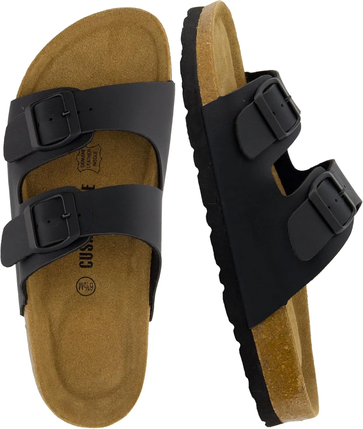 CUSHIONAIRE Lane Cork Footbed Sandals for Women – Comfortable Double Buckle Slip-On with Genuine Suede Footbed & Arch Support Slides for Women Footwear