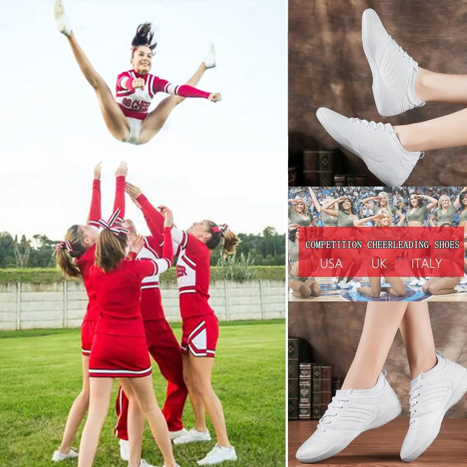 DADAWEN Cheer Shoes for Youth Girls Women White Cheerleading Dancing Shoes Athletic Training Tennis Walking Breathable Competition Cheer Sneakers