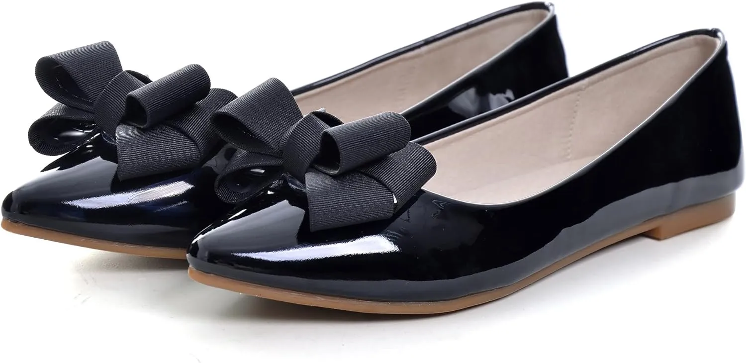 Dear Time Women's Patent Leather Ballet Flat with Bow Comfortable Pointy Slip-on Loafers
