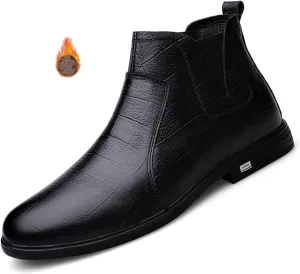 DirraBra Men's Leather Chelsea Ankle Boots Fashion Side Zipper Winter Thermal Dress Boots Outdoor Anti Slip Flat Walking Casual Shoes