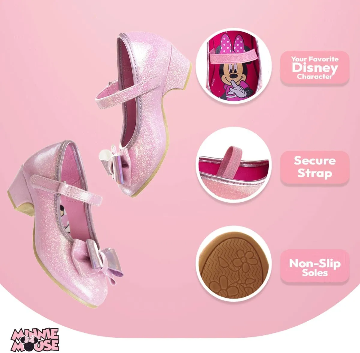 Disney Shoes - Girls Mary Jane Flat Pump Strap with Bow - Kids Character Princess Dress up Costume Flower School Party Flats Slip on - Toddler/Little Kid