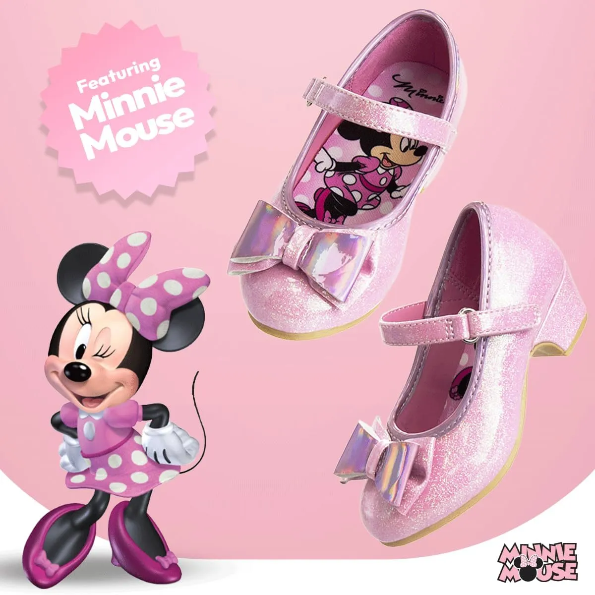Disney Shoes - Girls Mary Jane Flat Pump Strap with Bow - Kids Character Princess Dress up Costume Flower School Party Flats Slip on - Toddler/Little Kid
