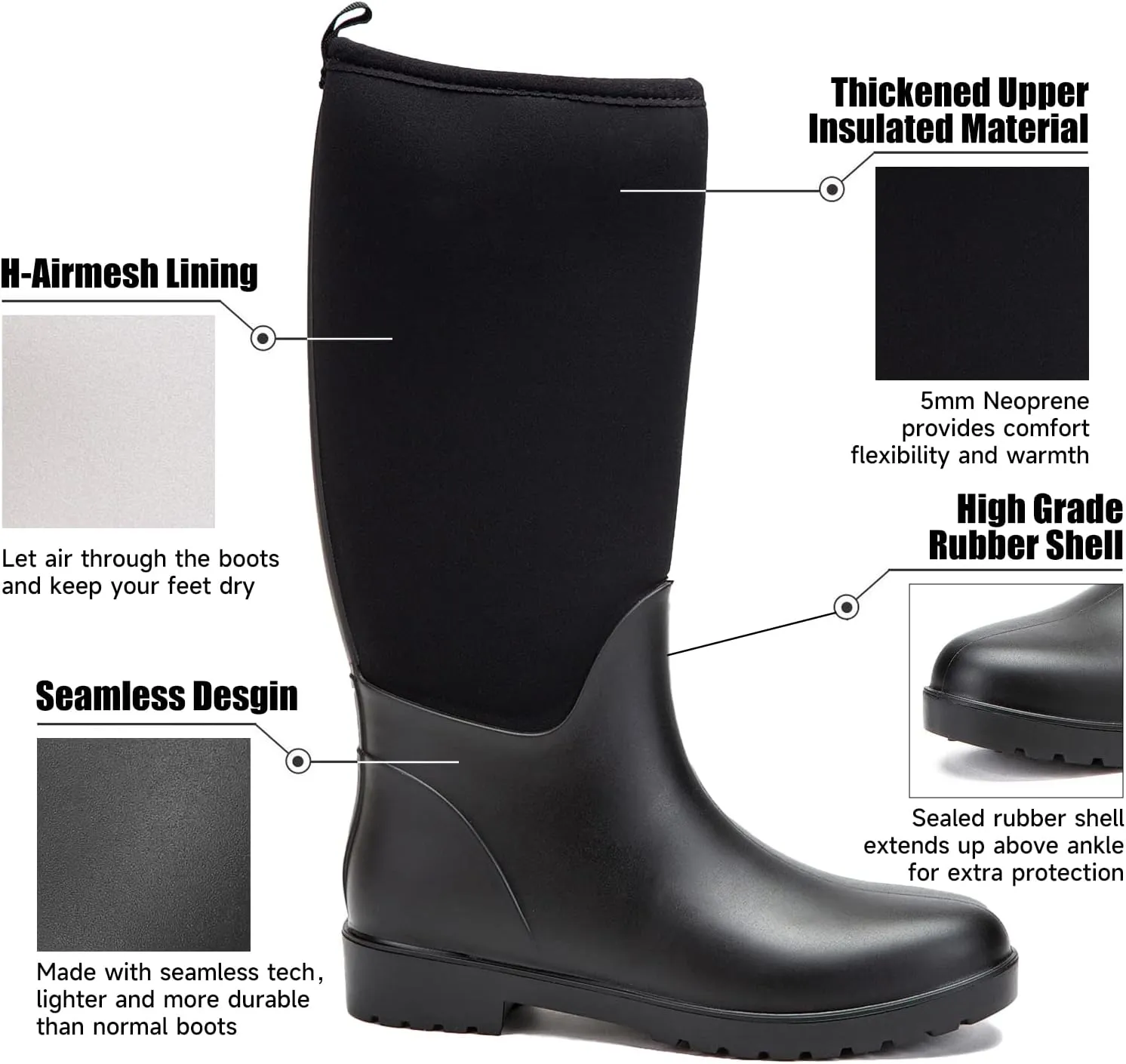 DKSUKO Women Rain Boots Waterproof,Rubber Tall Pull on Insulated Snow Mud Shoes