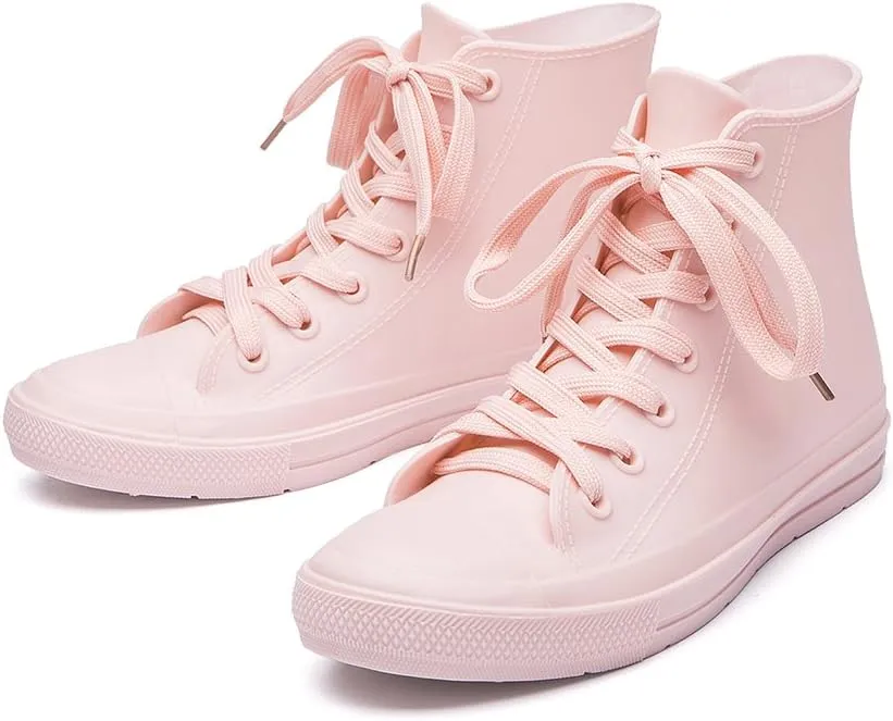 DKSUKO Women's Rain Boots Waterproof High Top Rain Shoes with Lace Up Anti-Slip Garden Shoes