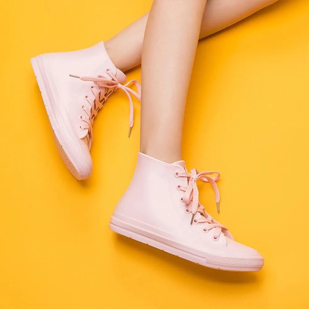 DKSUKO Women's Rain Boots Waterproof High Top Rain Shoes with Lace Up Anti-Slip Garden Shoes