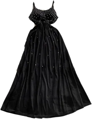 Dndrdhfb Women's Beaded Spaghetti Strap Dress Slim Fit Solid Embroidered A-Line Flowing Maxi Dress