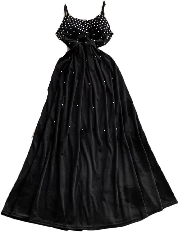 Dndrdhfb Women's Beaded Spaghetti Strap Dress Slim Fit Solid Embroidered A-Line Flowing Maxi Dress